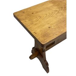 Gnomeman - oak side table, rectangular adzed top over two drawers, on shaped end end supports united by pegged stretcher, carved with gnome signature, by Thomas Whittaker, Littlebeck 