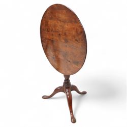 18th century yew wood tripod table, circular tilt-top on vasiform pedestal, on three out-splayed support 