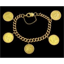 9ct gold curb link chain bracelet, with four gold full sovereign coins dated 1869 (shield back), 1888, 1910 and 1911 and one queen Victoria 1899 half sovereign gold coin, all loose mounted in 9ct gold pendants