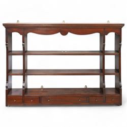 Georgian design mahogany wall rack, moulded cornice over shaped frieze and thee shelves, f...