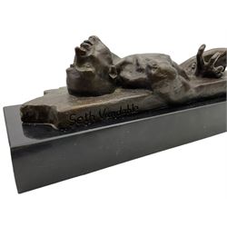 Bronze study of male nude after Seth Vandable, mounted on black marble plinth, L31cm