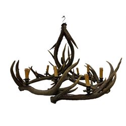 Deer antler chandelier, of circular shaped form, with nine fitted lights, D84cm, H65cm