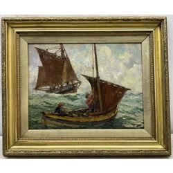 William J Mann (Scarborough early 20th century): 'A Fair Breeze' - Scarborough Yawl and Coble at Sea, oil on panel signed, titled and inscribed 'Newby' verso 33cm x 44cm 
Notes: Mann was a member of the Fylingdales Group of Artists and lived in Newby, Scarborough.