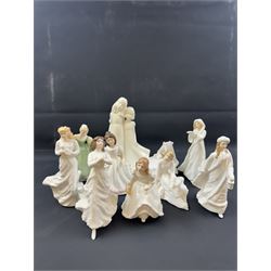 Eight Royal Doulton figures, including Fair Maiden, Across the Miles, Christmas Carols etc together with two Royal Worcester figures   