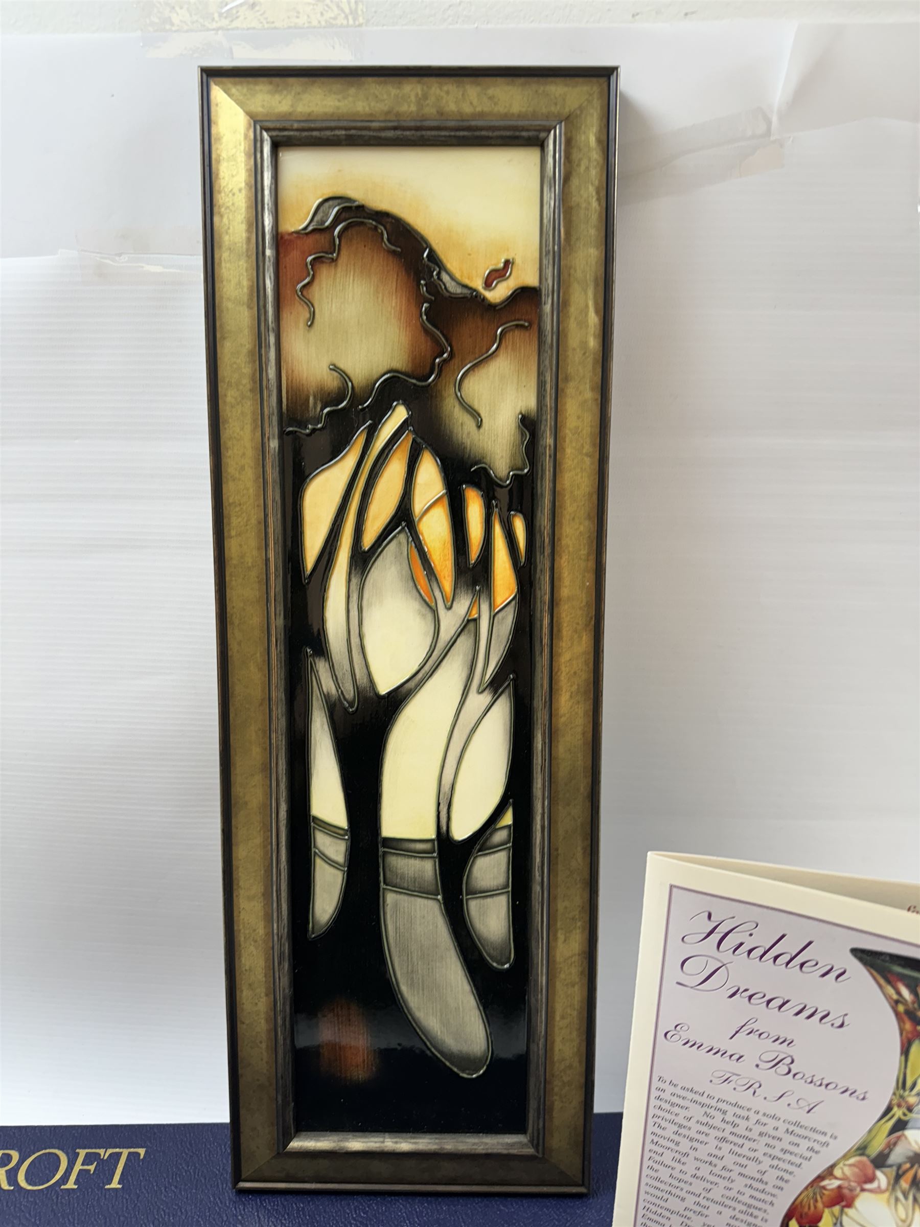 Moorcroft framed plaque, of rectangular form, decorated in the La Garenne pattern by Emma Bossons, circa 2005, signed by Emma Bossons, with original box, H47cm