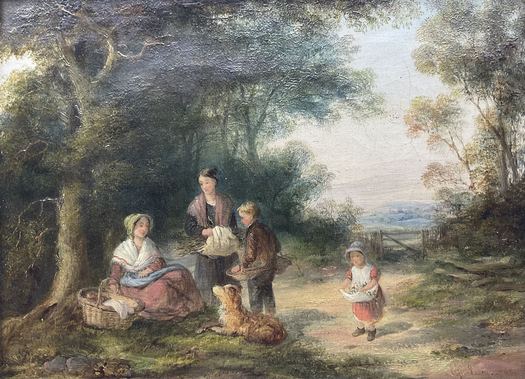 Georgina Lara (British fl.1840-1880): The Faggot Gatherers, oil on canvas signed and dated 1868, 22cm x 30cm  