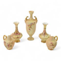 Royal Worcester Blush Ivory, comprising twin handled vase, painted with flowers, marked 17...