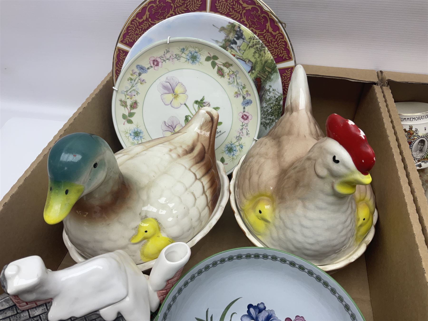 Two hen on nests, one modelled as a hen, one modelled as a duck, Wedgwood Jasperware lidded box, motto ware bottle and a collection of other ceramics, glassware etc, in four boxes 