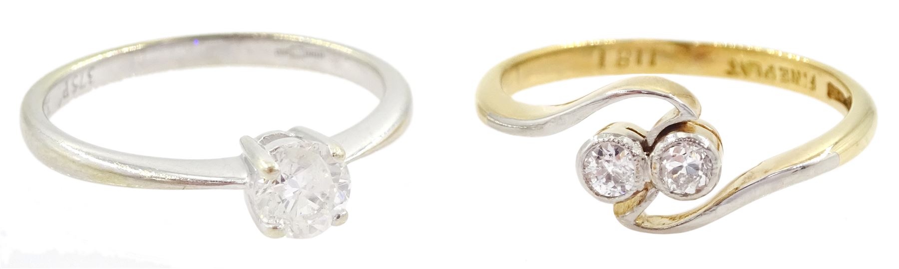 9ct white gold single stone round brilliant cut diamond ring, diamond 0.25 carat and an early 20th century 18ct gold milgrain set two stone old cut diamond ring, stamped