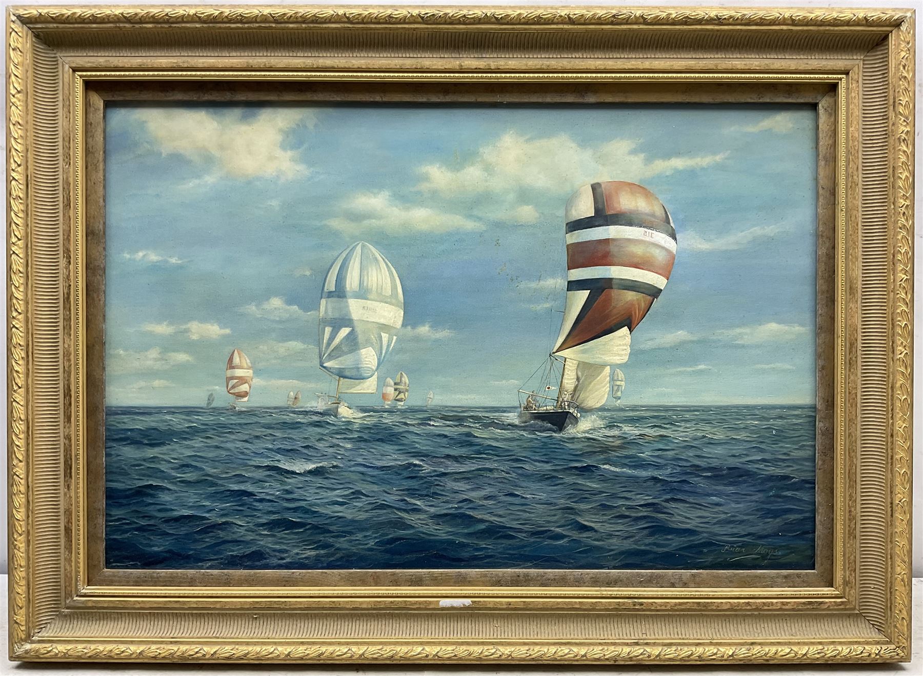 Brian Mays (British 1938-2005): 'Admirals Cup 1963 - Carina Leads', oil on canvas signed, titled verso 49cm x 74cm 
Provenance: direct from the family of the artist.