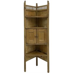 19th century stripped pine corner stand, fitted with double cupboard and shelves