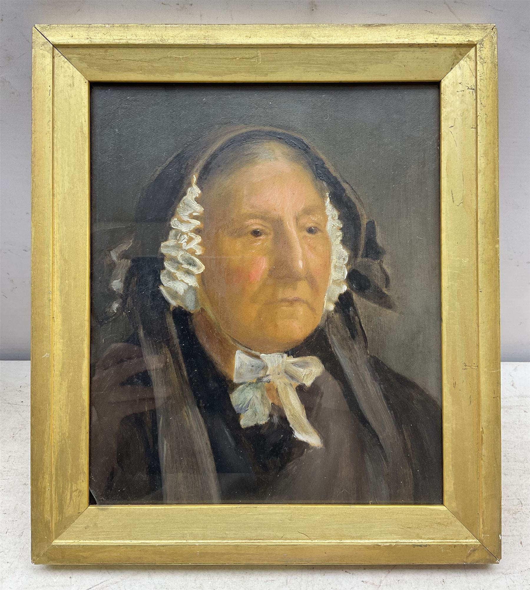 French School (19th century): Portrait of an Old Woman, oil on board unsigned; After John Pettie RA (Scottish 1839-1893): Portrait of the Composer Hamish MacCunn (1868-1916), lithograph pub. 1886 max 26cm x 21cm (2)