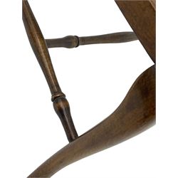 Early 20th century stained beech fan back open armchair, shaped cresting rail over cane work back and seat, on cabriole front supports united by turned stretchers 