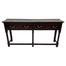 18th century oak dresser base, rectangular top, fitted with two drawers with moulded facia edges and brass swan neck handles, raised on turned front supports united by stretchers