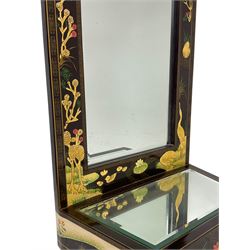 Chinoiserie design wall hanging mirror with shelf, the rectangular frame with raised decoration depicting birds and landscapes, fitted with bevelled glass 