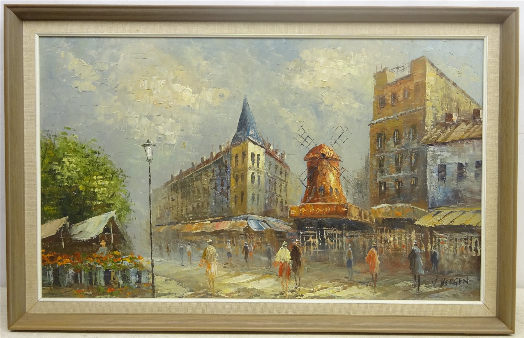 V Bergen (Continental Contemporary): Street Scene with Windmill, oil on ...