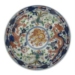 Pair of Chinese 'Dragon & Phoenix' porcelain saucers, centrally painted with a five claw dragon chasing the flaming pearl in iron red and gilt, within a border of confronting Dragons and Pheonix, amongst floral blooms, six character Guangxu mark beneath, D13.5cm