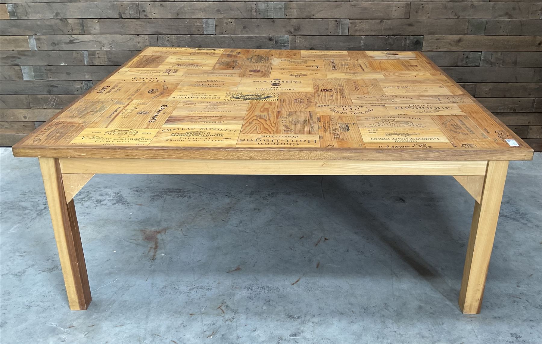 Square centre dining centre table, parquetry wine crate top with oak edging, on beech legs