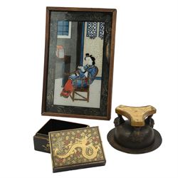 Chinese reverse painting on glass of an interior scene with figure reading 28cm x 17cm, Oriental black and gilt lacquer box W12cm and a metal brazier with Chinese masks on wooden base (3)