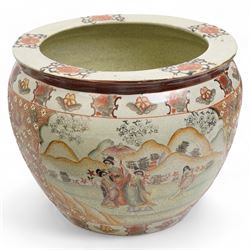 Japanese Satsuma fish bowl/planter, the interior decorated with carp etc., the exterior wi...