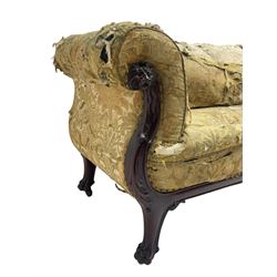 19th century mahogany settee, rolled S-scrolled arms carved with lion masks and acanthus leaf scrolls, the lower moulded rail carved with scrolling design, raised on carved paw feet with recessed brass and ceramic castors 