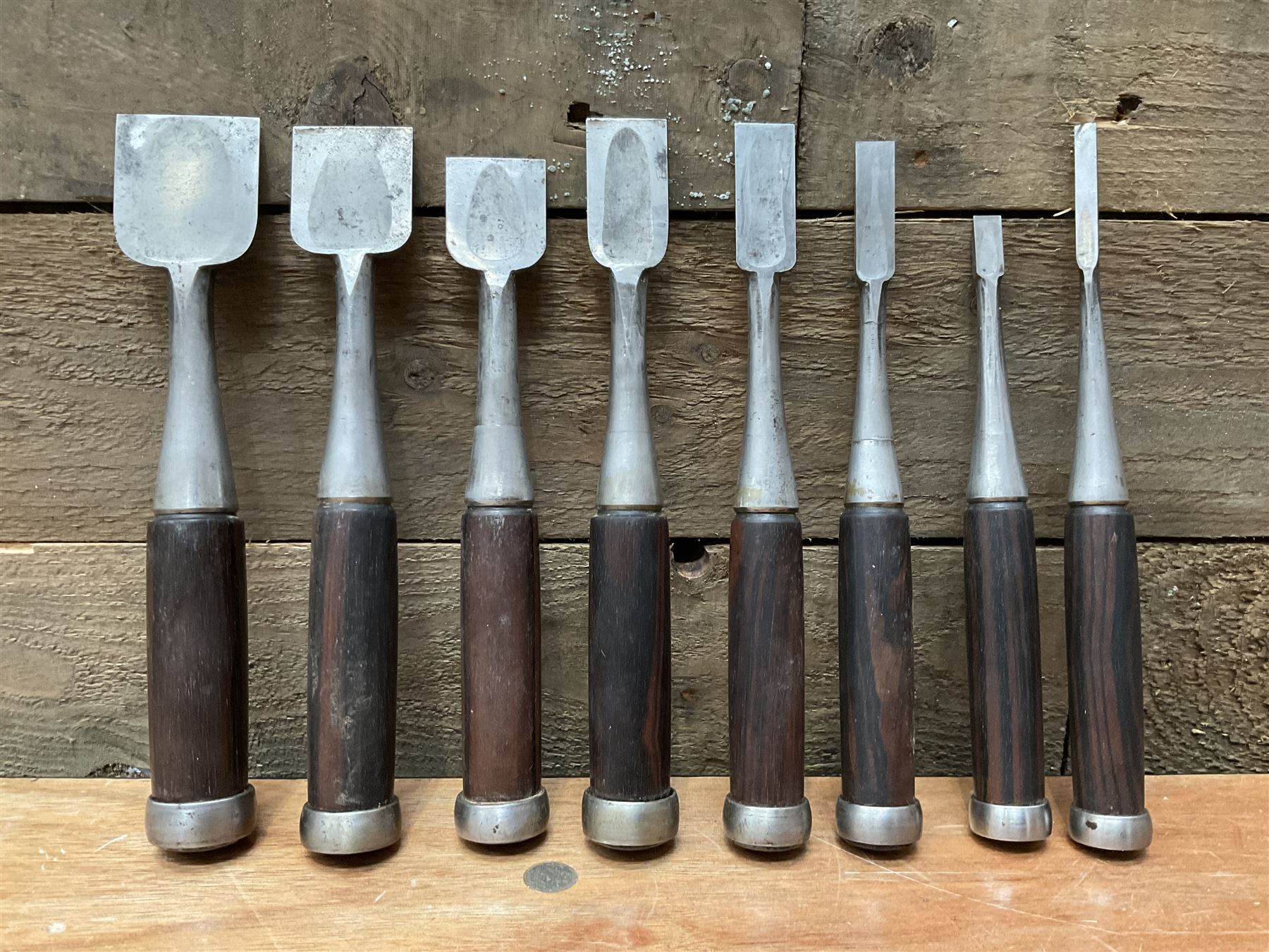 Set of eight Japanese handmade carpenters chisels with rosewood handles, stamped blades - THIS LOT IS TO BE COLLECTED BY APPOINTMENT FROM DUGGLEBY STORAGE, GREAT HILL, EASTFIELD, SCARBOROUGH, YO11 3TX