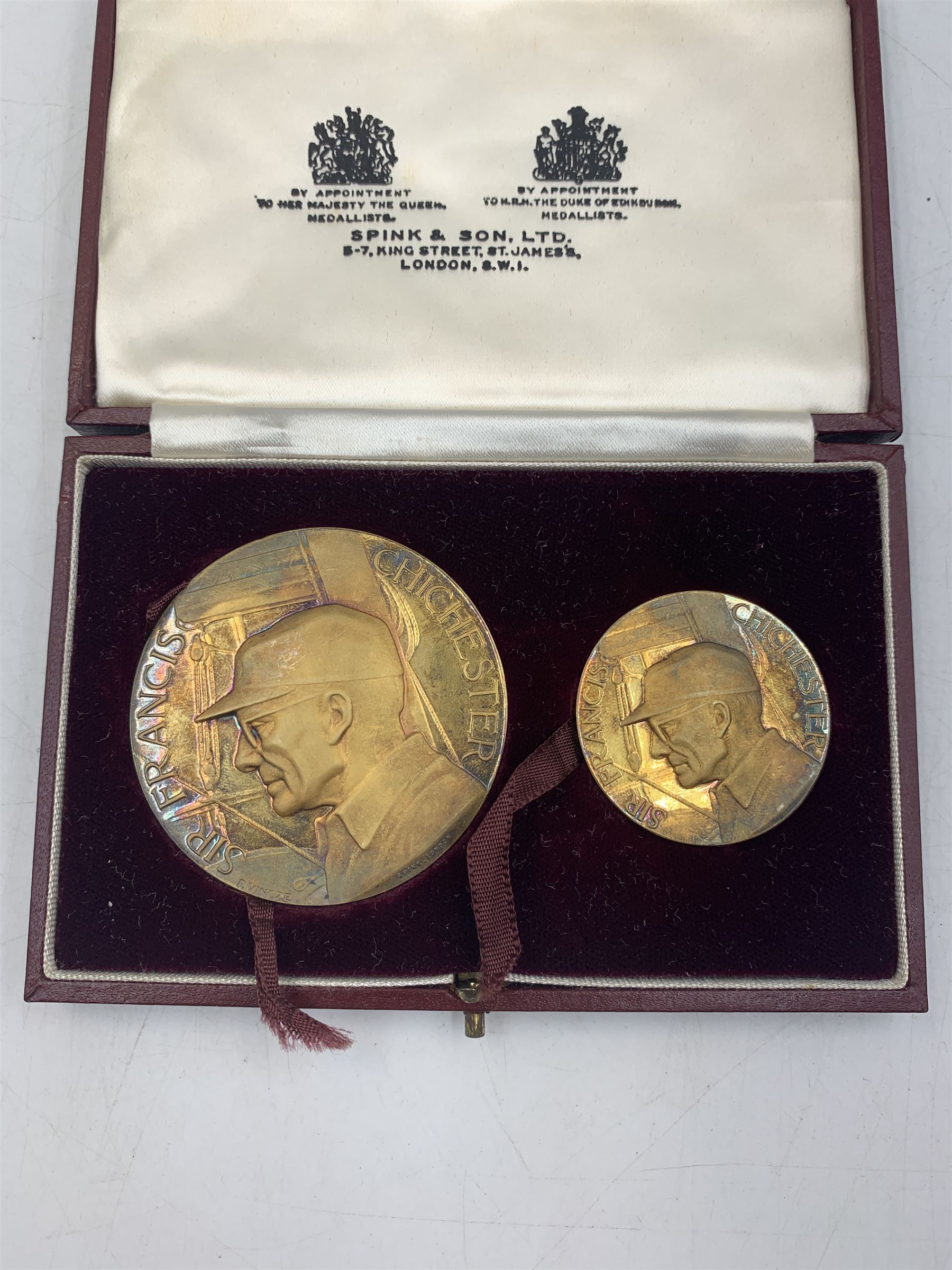 Cased pair of Sir Francis Chichester silver gilt limited edition commemorative medals of Gypsy Moth IV 1966-1967, by Spink & Son