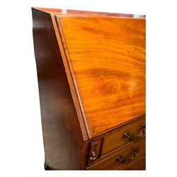 Georgian mahogany bureau, moulded fall front enclosing cupboard, small drawers, pigeonholes and inset writing surface, fitted with four long graduating cock-beaded drawers, on splayed bracket feet 