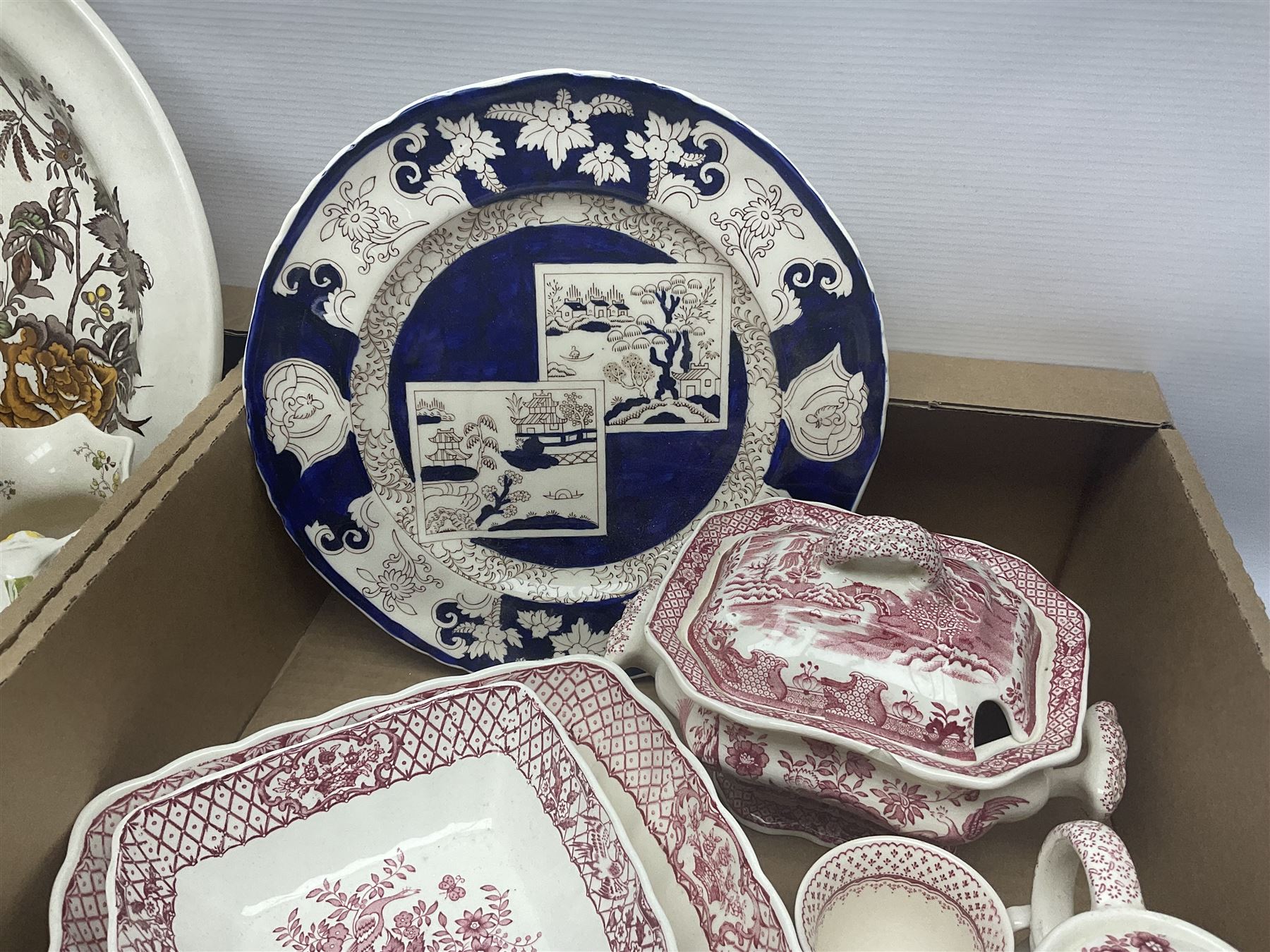 Masons Ironstone ceramics, including Double Landscape pattern plate and jar and cover, Fruit Basket pattern tea pots, etc, in two boxes