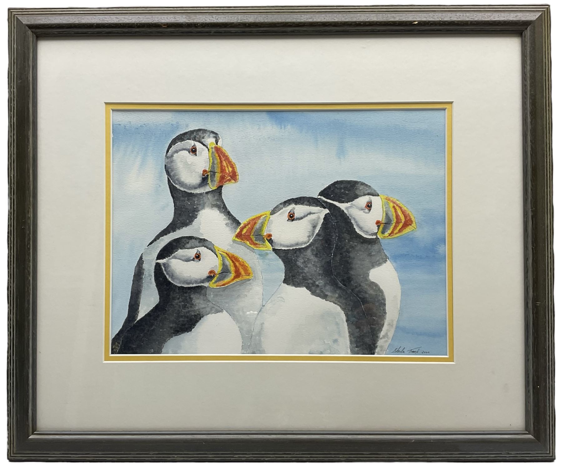 Sheila Frank (Yorkshire Contemporary): Puffins, watercolour signed and dated 2000, 28cm x 38cm 
Provenance: exh. Beverley Art Gallery, 9th December 2000 - 28th January 2001 No.21