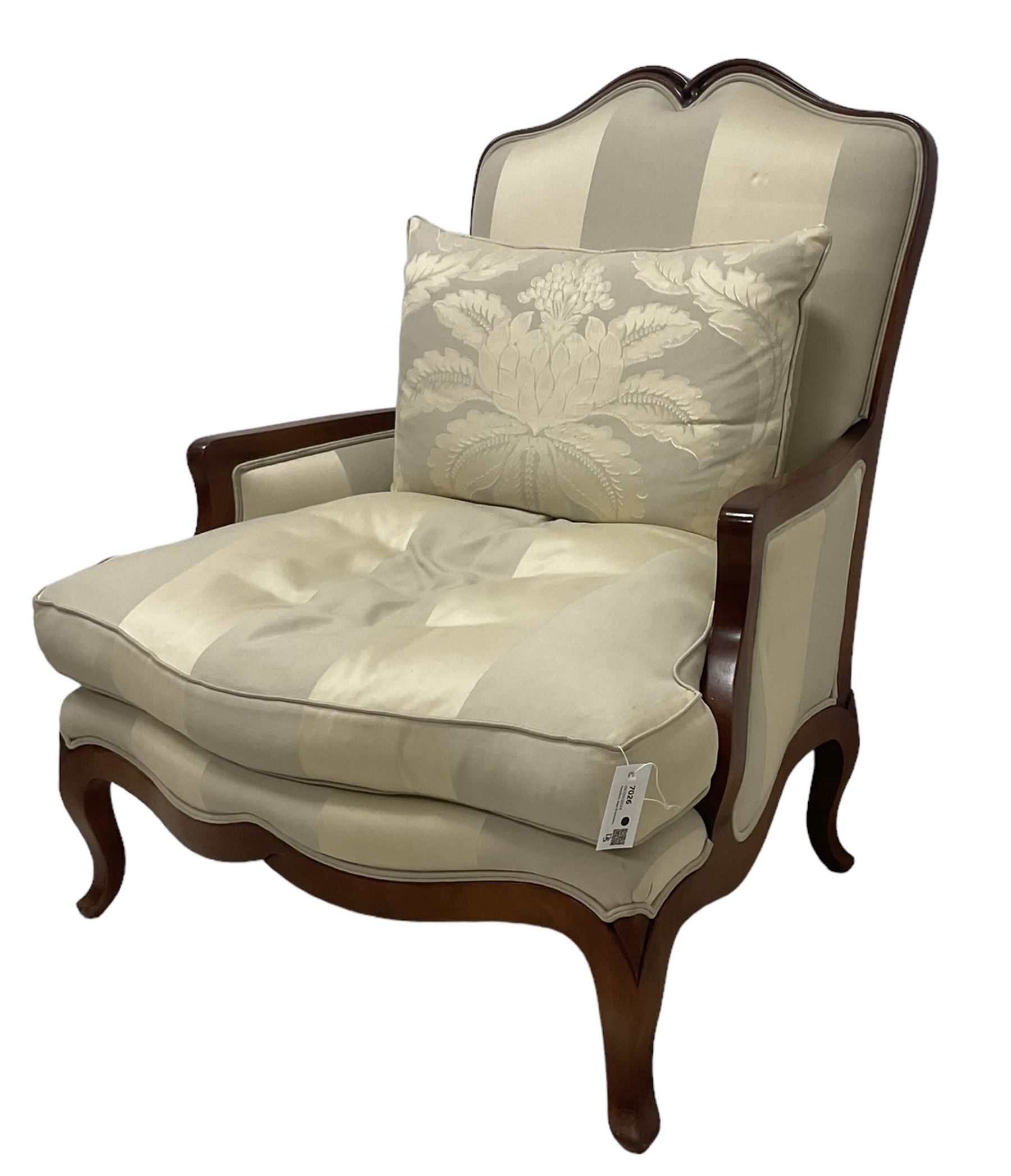 Duresta - French design hardwood-framed wide-seat armchair, shaped cresting rail over curved arms, upholstered in two-tone off-white striped fabric with loose seat cushion, shaped apron and cabriole feet 