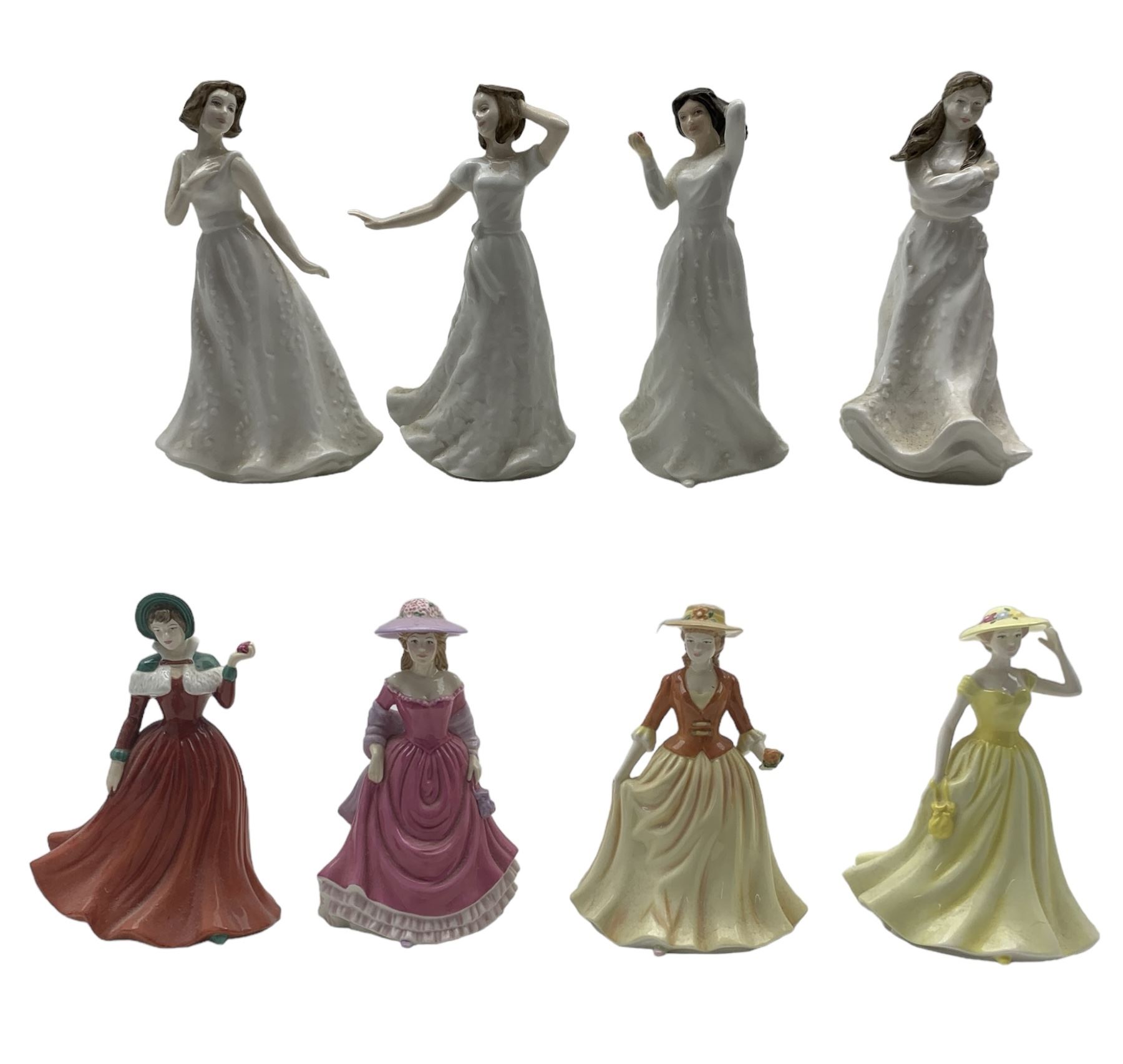 Three Royal Doulton International Collectors Club Sentiments figures comprising Embrace, Charmed and Cherish, a similar figure 'With Love' and a set of four Royal Doulton Four Seasons figures comprising Summer Breeze, Spring Time, Winter's Day and Autumn Stroll (8)