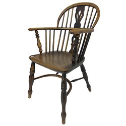 19th century elm and ash Windsor armchair, low double hoop and stick back with shaped and pierced splat, on turned supports united by crinoline stretcher