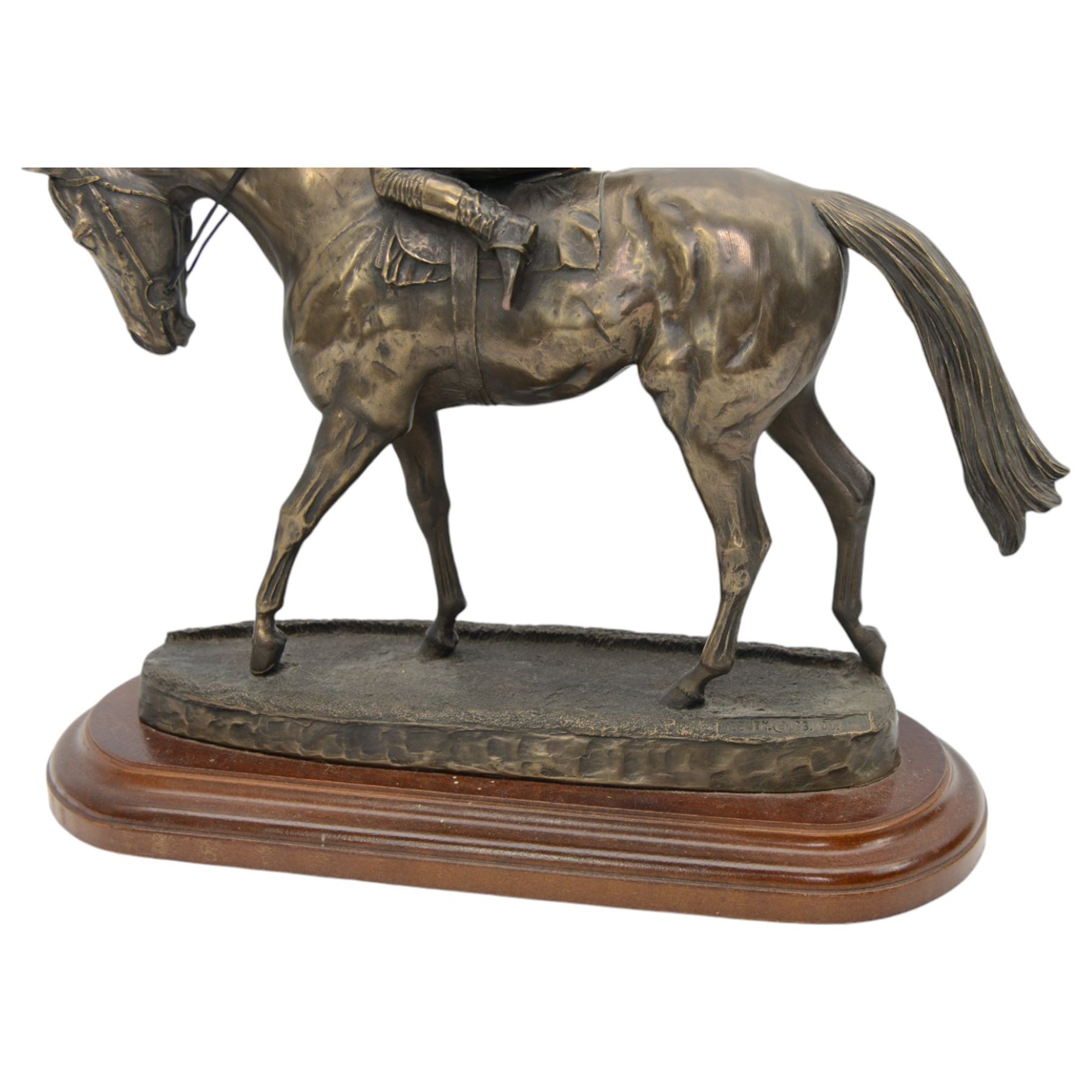 'The Weatherby's Ireland Greenlands Stakes Gr3 Winner - The Curragh 26th May 2012' - bronze resin group by Genesis Fine Art, Ireland with racehorse, jockey and lad on wooden base 34cm x 32cm and another of horse and jockey (2)