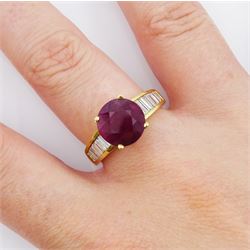 18ct gold single stone ruby ring, with channel set baguette cut diamond shoulders, ruby approx 3.25 carat, total diamond weight approx 0.85 carat