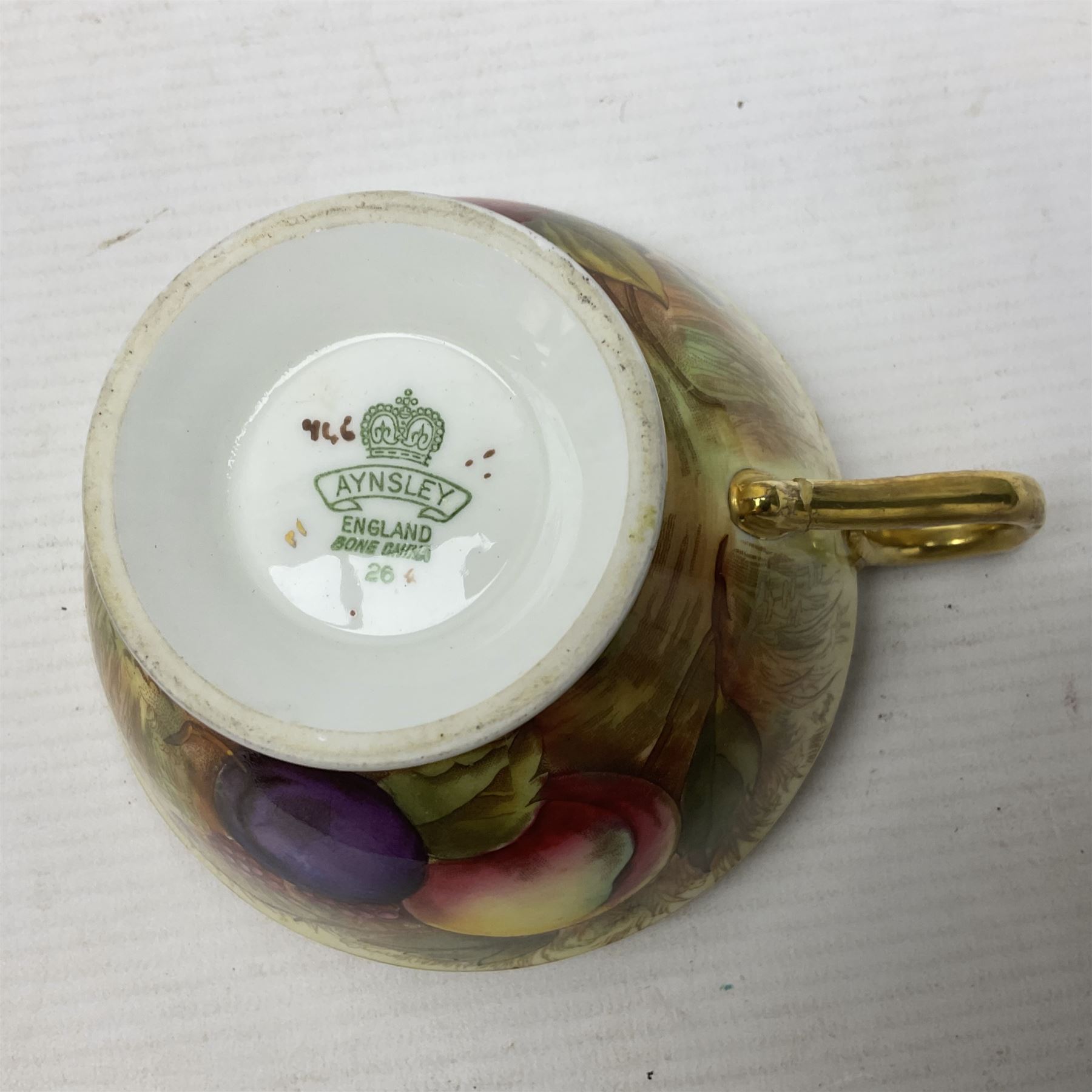 Pair Aynsley Orchard Gold pattern teacups and saucers with gilt interior 