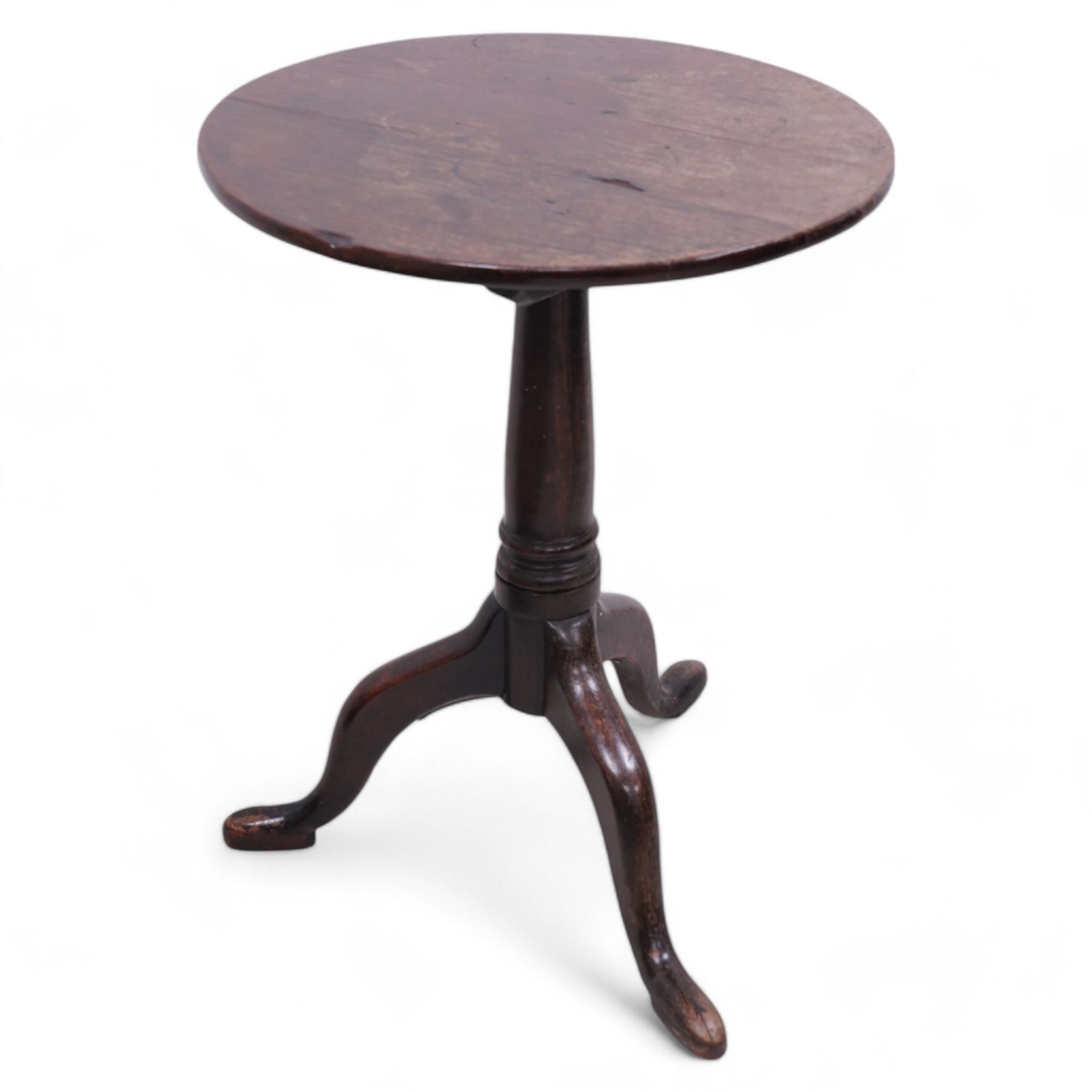 George III mahogany tripod table, circular tilt-top on ring turned gun barrel pedestal, on three out-splayed supports 