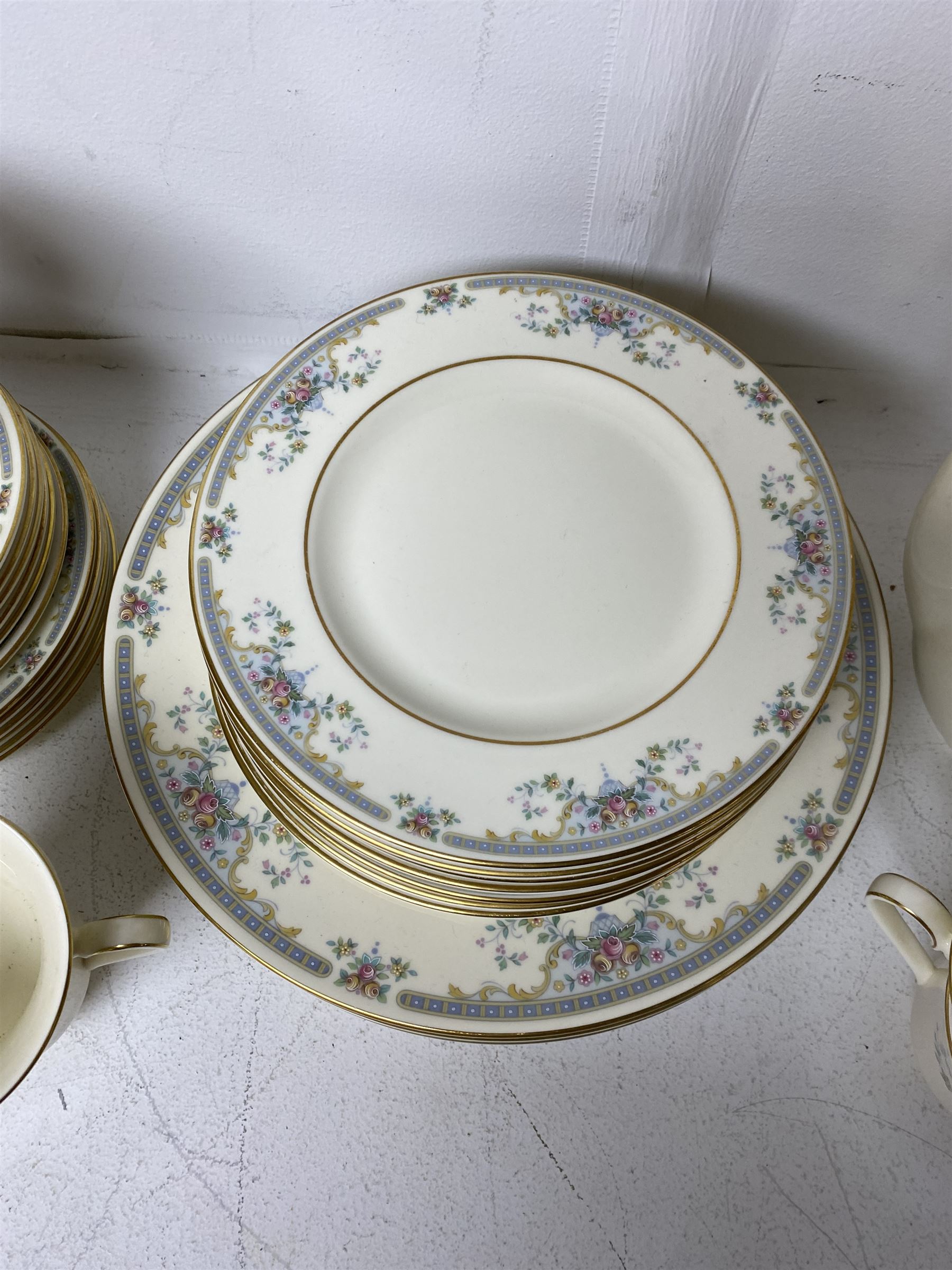 Royal Doulton The Romance Collection, Juliet pattern tea and dinner wares, comprising coffee pot, dinner plates, side plates, dessert plates, teacups and saucers