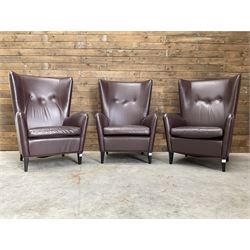 3 x Wing back armchair upholstered in cocoa brown leather