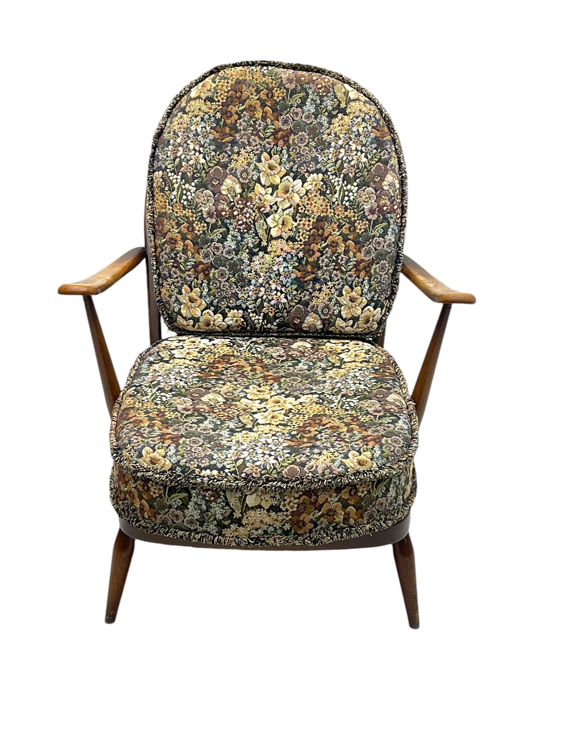 Lucian Ercolani for Ercol - mid-20th century beech and elm 'Windsor 203' two-seat sofa, wingback design upholstered in floral pattern over sprung seat and backrest, open curved arms, on splayed supports with stretchers (W133cm, D87cm, H90cm); matching easy chair (W70cm, D97cm, H82cm)