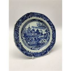 18th century Chinese blue and white porcelain plate, of octagonal form decorated with a riverside scene with pagodas, fence, and trees, within lattice and key fret detailed border, D22.5cm, together with a late 18th/early 19th century blue and white cream boat of English shape, H8.5cm, and an early 19th century Chinese blue and white coffee cup, H6cm, both decorated in riverside scenes 