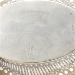 German silver navette shape fruit basket with pierced decoration and moulded edge L32cm, 800 standard with crescent moon and crown standard mark 