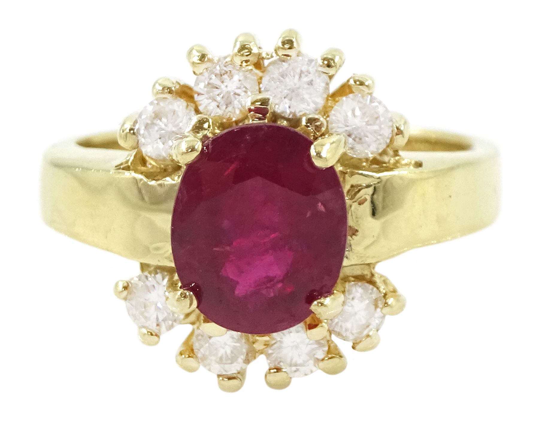 14ct gold oval cut ruby and round brilliant cut diamond cluster ring, stamped, ruby approx 2.00 carat, total diamond weight approx 0.40 carat