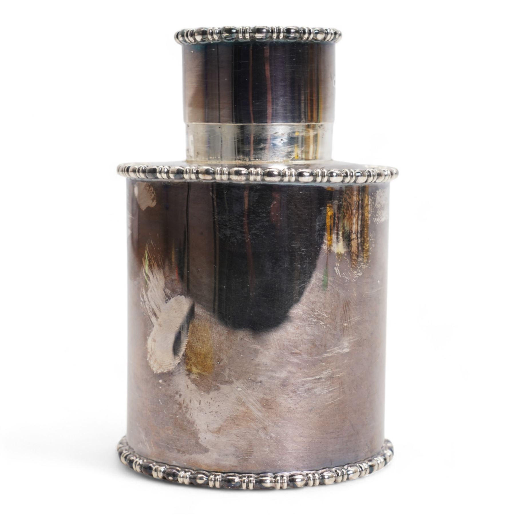 Silver cylindrical tea caddy with moulded edge H11cm Sheffield 1927 Maker Atkin Bros.