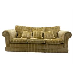 Duresta England - three-seat sofa, upholstered in pale gold fabric, traditional shape with rolled arms