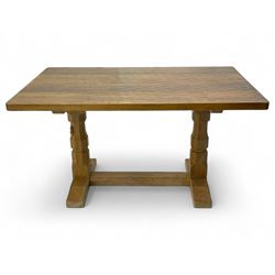 Mouseman - oak dining table, rectangular adzed top with rounded corners, octagonal pillar ...