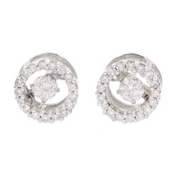 Pair of 14ct white gold round brilliant cut diamond halo cluster screw back stud earrings, with a suspended diamond to the centre, total diamond weight 0.30 carat and matching 14ct white gold pendant, total diamond weight 0.35 carat