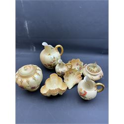 Royal Worcester Blush Ivory, three graduation flat back jugs, bowl in the form of a shell, covered jar etc (8)