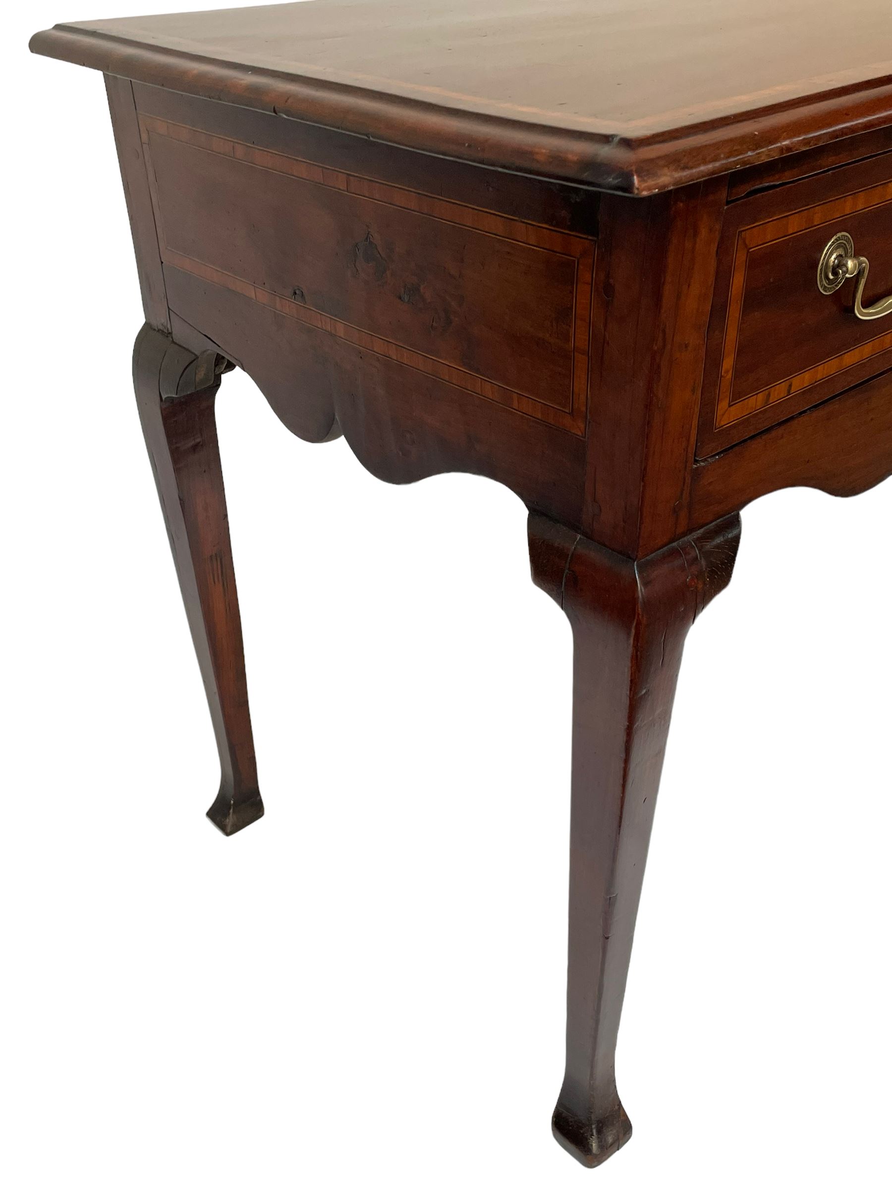 18th century and later inlaid mahogany and fruitwood low-boy, the moulded rectangular top with satinwood band, shaped frieze fitted with single drawer, on cabriole supports with angular feet