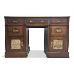 Late Victorian oak kneehole desk, rectangular top over three frieze drawers and two pedest...